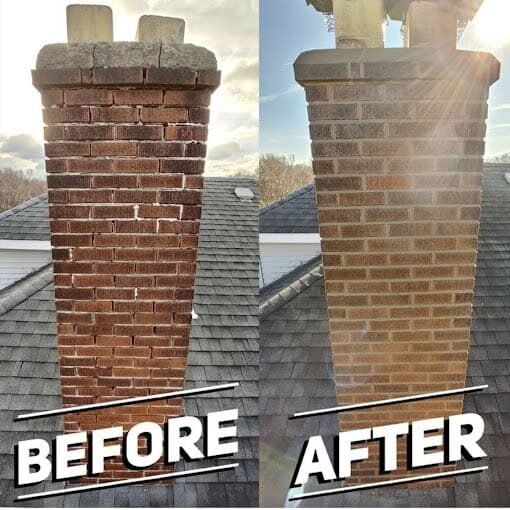Before and after chimney masonry repair: stained, worn brick and crown restored to clean, sound masonry